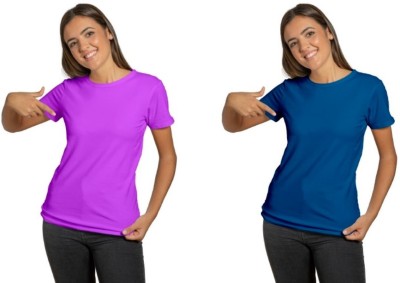 BLD Solid Women Round Neck Dark Blue, Pink T-Shirt