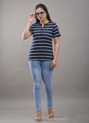 PRW FASHION Striped Women Round Neck Blue T-Shirt