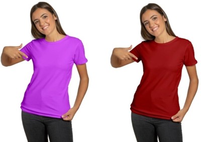 BLD Solid Women Round Neck Purple, Maroon T-Shirt