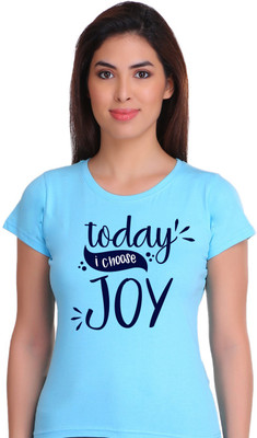 Hadwin Typography Women Round Neck Light Blue T-Shirt