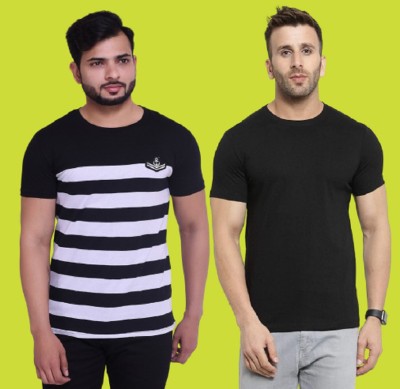 COUPLESTUFF.IN Striped, Solid Men Round Neck Black, White T-Shirt