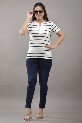 PRW FASHION Striped Women Round Neck White T-Shirt