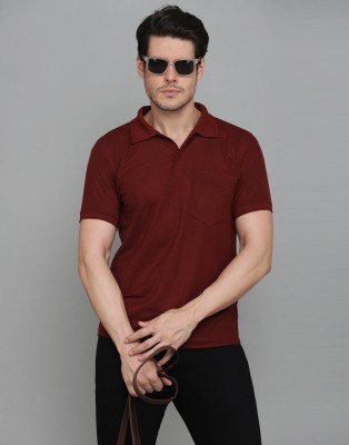 INKKR Solid Men Polo Neck Maroon T-Shirt
