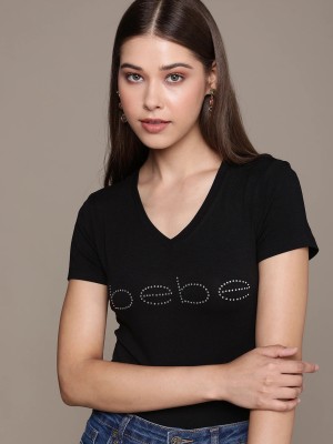 bebe Printed Women V Neck Black T-Shirt