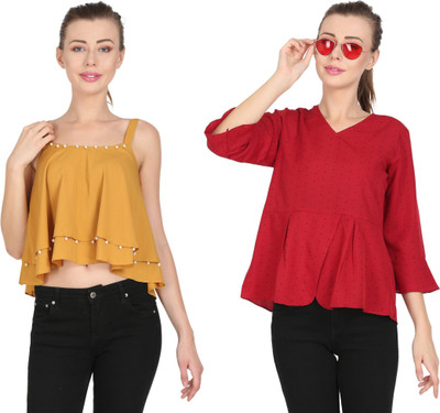 QNT FASHION Casual Solid Women Maroon, Yellow Top