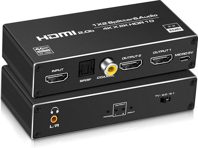 microware  TV-out Cable 1X2 HDMI Splitter Audio Extractor, with 3.5mm Audio, Coaxial ,Optical, SPDIF(Black, For TV)
