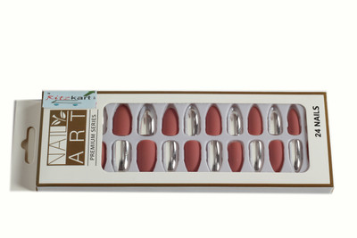 Ritzkart 24 pc Nail Peach color for Girls , Fake Nails / Artificial Manicure Set Box .. Peach & Silver(Pack of 24)