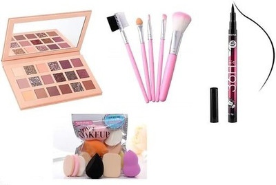 TUMR NDUE 18 COLOR EYESHADOW PALLETE + BRUSH SET+PUFF SET + EYELINER(COMBO PACK)(4 Items in the set)