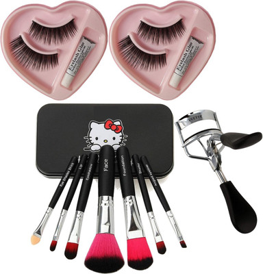 SumSh Mini Black Makeup Brush Set (Pack of 7), False Eyelash with Glue 2pcs., Eyelash Curler(4 Items in the set)