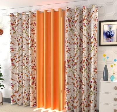 avi trendz 212 cm (7 ft) Polyester Semi Transparent Window Curtain (Pack Of 3)(Solid, Floral, Orange)