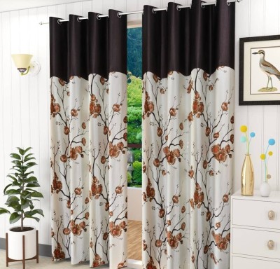 avi trendz 212 cm (7 ft) Polyester Semi Transparent Window Curtain (Pack Of 2)(Floral, Brown)