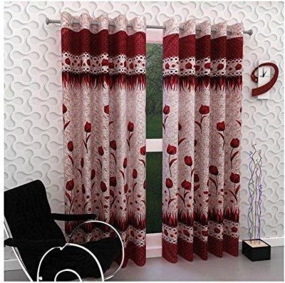 avi trendz 212 cm (7 ft) Polyester Semi Transparent Window Curtain (Pack Of 2)(Floral, Red)