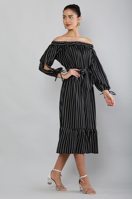 Muskan Enterprises Women Fit and Flare Black, White Midi/Calf Length Dress