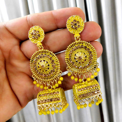 Anish yellow color long Earring fancy Stylish Latest Design Jewelry for women & girls Alloy Jhumki Earring