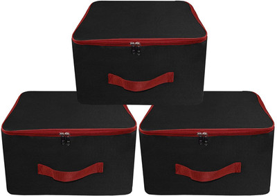 wini krafts ack Nylon Wardrobe Bag Underbed Moisture Proof Cloth Storage Organizer with Zippered Closure and Handle ( 37x35x23 cm) Square Pack OF 3(Black Red)