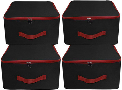 wini krafts ack Nylon Wardrobe Bag Underbed Moisture Proof Cloth Storage Organizer with Zippered Closure and Handle ( 37x35x23 cm) Square Pack OF 4(Black Red)