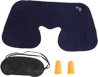 BROGBUS Neck Travel Pillow Inflatable Neck Air Cushion Pillow with Eye Mask & 2 Ear Plug Neck Pillow & Eye Shade