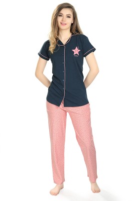 KIRASA Women Printed Pink, Blue Shirt & Pyjama set