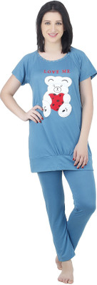 Camey Women Printed Blue Top & Pyjama Set
