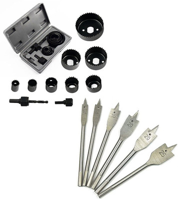 Kshivi BHB:017 Holesaw Drill Bit Set 11pcs Woodworking Hole Saw Drill Bit Kit And 6 Pcs Flat Drill Bit Drilling Tool Wood Thin Alloy Metal Cutter Core Drill Bits