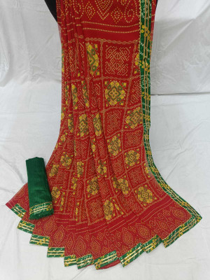Kalpana creation Printed Bollywood Brasso, Chiffon Saree(Red)