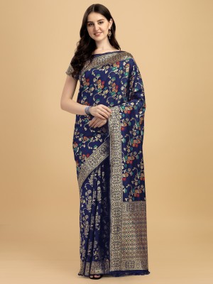 Divastri Floral Print Banarasi Silk Blend, Jacquard Saree(Blue)