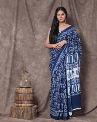 NIKHILAM Printed Daily Wear Pure Cotton Saree(Blue)