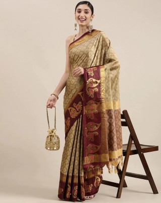 VRINDITA FASHION Self Design Dharmavaram Pure Silk, Cotton Silk Saree(Beige)