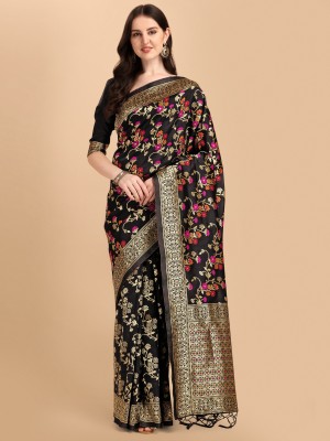 Divastri Floral Print Banarasi Silk Blend, Jacquard Saree(Black)