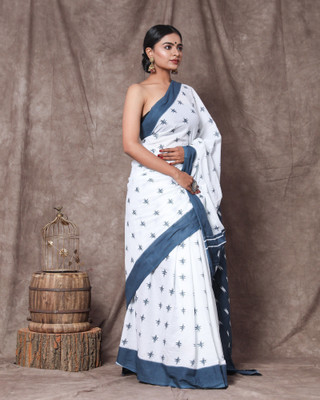 NIKHILAM Printed Daily Wear Pure Cotton Saree(White)