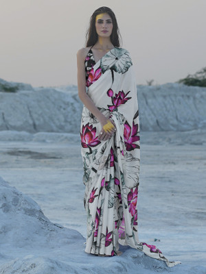 Ratnavati Printed Bollywood Crepe Saree(White)
