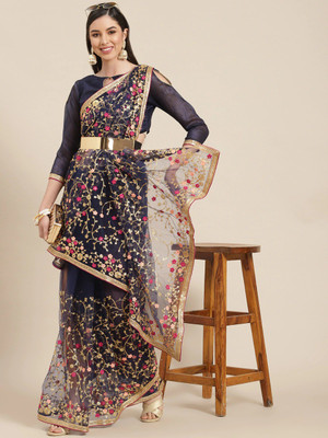 DGSTORE Embroidered Bollywood Net Saree(Blue)