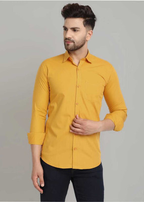 NINE-X Men Solid Casual Yellow Shirt