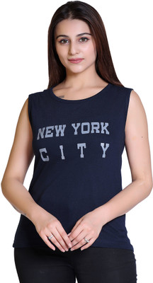 Ogarti Typography, Printed Women Round Neck Navy Blue T-Shirt