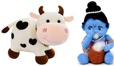 Kaira toys Cartoon Character Soft Plush White Cow & Krishnaji Teddy For Kids, Birthday Gift  - 30 cm(White, Blue)