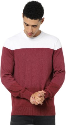 Celio Colorblock Round Neck Casual Men Maroon Sweater