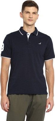 American Crew Solid Men Polo Neck Navy Blue T-Shirt