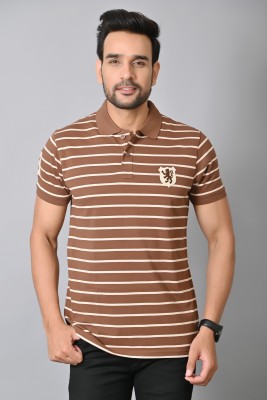 Arbour Striped Men Polo Neck White, Brown T-Shirt