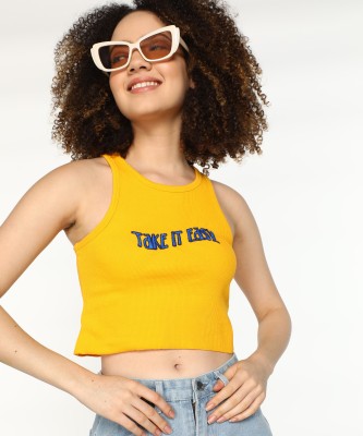 FOREVER 21 Casual Embroidered Women Yellow Top