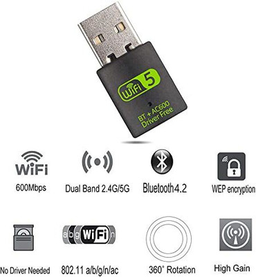 Orlov 2 in 1 USB Bluetooth WiFi Adapter,600Mbps Data Card(Black)