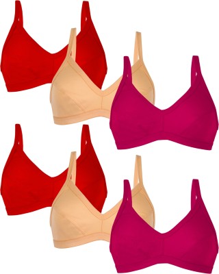 Flowsy Teen Cotton Bra Non-Padded, Non-Wired Daily Use Bra Pack of 6 (Red, Beige, Rani) Women T-Shirt Non Padded Bra(Red, Pink, Beige)