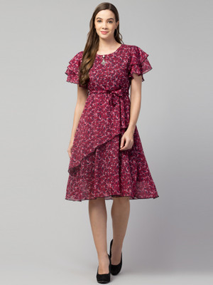 SAHANA STYLE Women Fit and Flare Maroon Knee Length Dress