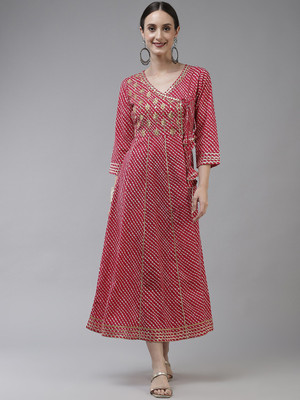 Yufta Women Fit and Flare Pink Midi/Calf Length Dress