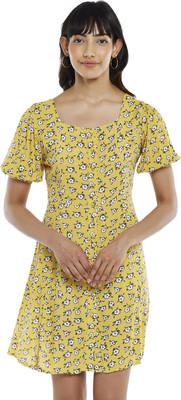 PEOPLE Women A-line Yellow Above Knee/Mid Thigh Length Dress