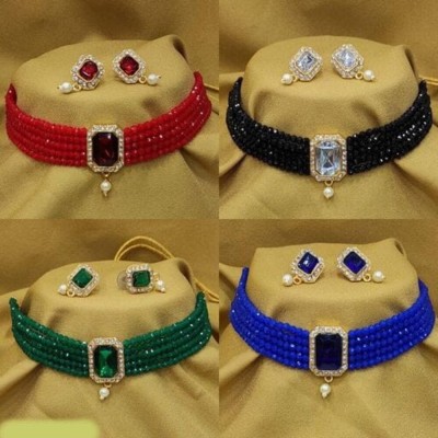 taransha Crystal Gold-plated Red, Black, Green, Blue Jewellery Set(Pack of 4)