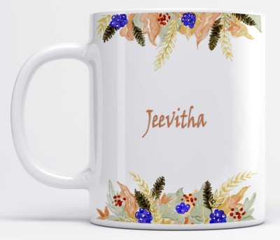 LOROFY Name Jeevitha Printed Floral Vertical Ceramic Coffee Mug(325 ml)