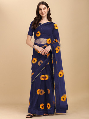 FORKEY Embroidered Bollywood Net Saree(Dark Blue)
