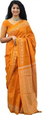 hastshilpi Printed, Color Block, Blocked Printed Ikkat Pure Cotton Saree(Yellow)