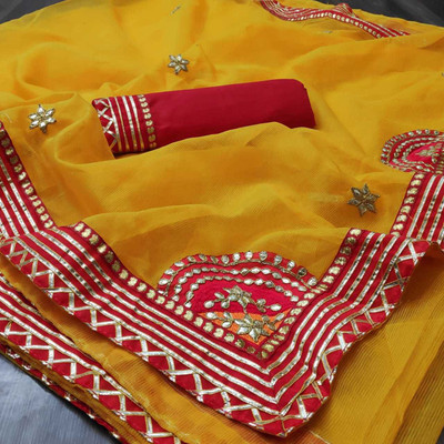 Kanooda Prints Woven Kota Doria Net Saree(Yellow)