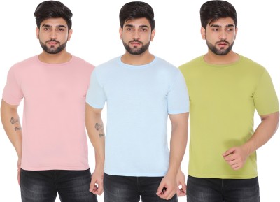 SHAUN Solid Men Round Neck Light Blue, Pink, Light Green T-Shirt